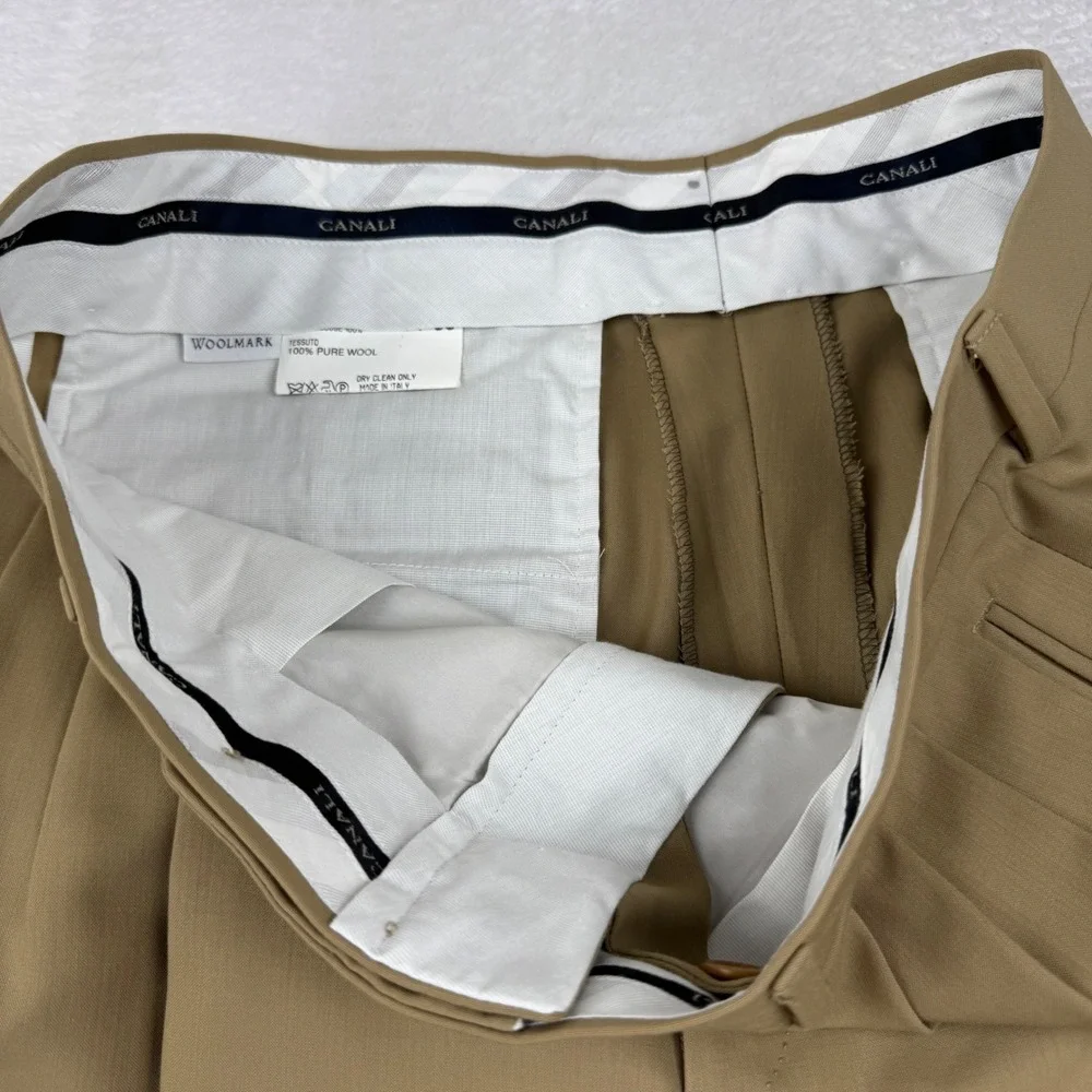Canali Dress Trousers Mens 34 Tan Pure Wool Triple Pleated Cuffed Made in Italy